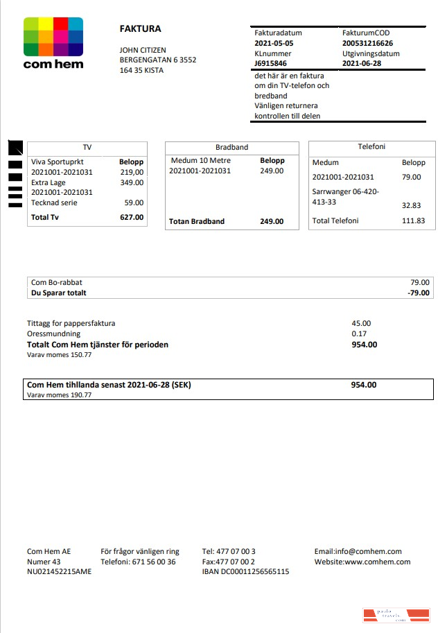 Sweden Com Hem utility bill template in Word and PDF format